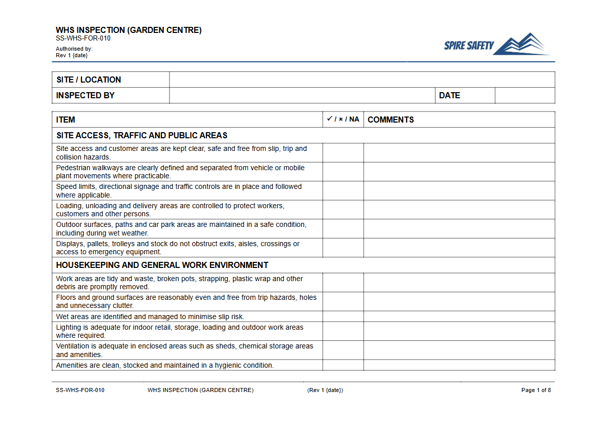 Free WHS Inspection (Garden Centre) Template — document preview