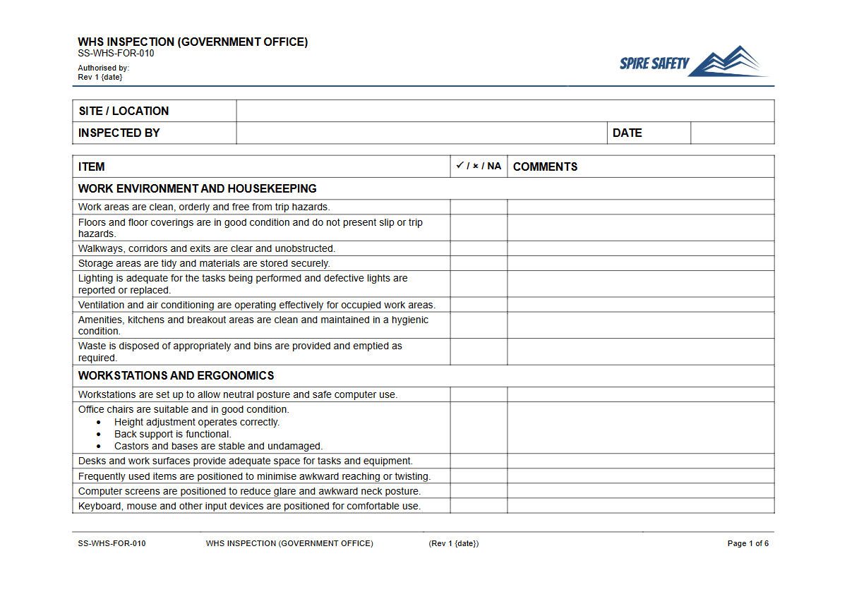 Free WHS Inspection (Government Office) Template — document preview