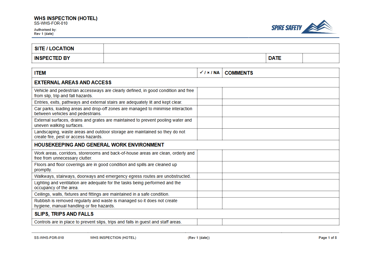 Free WHS Inspection (Hotel) Template — document preview
