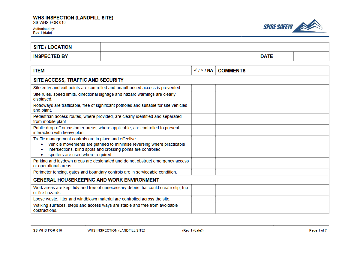 Free WHS Inspection (Landfill Site) Template — document preview