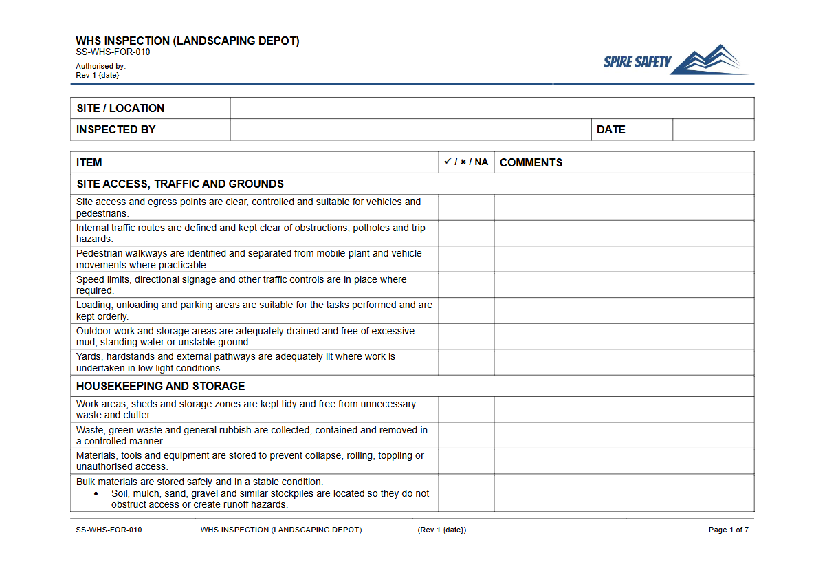 Free WHS Inspection (Landscaping Depot) Template — document preview