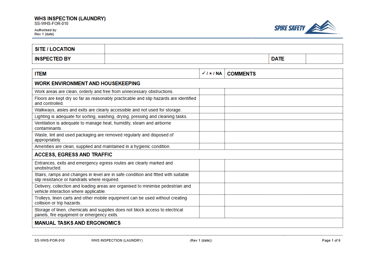 Free WHS Inspection (Laundry) Template — document preview