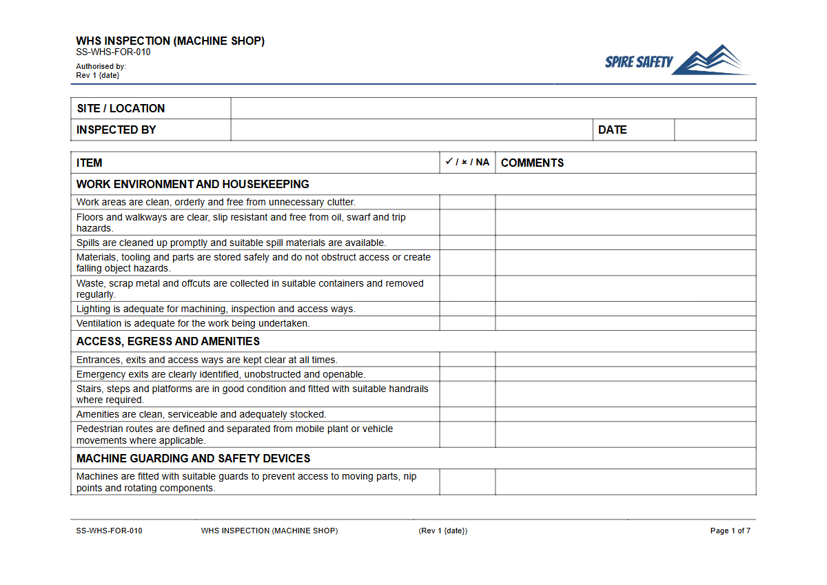Free WHS Inspection (Machine Shop) Template — document preview