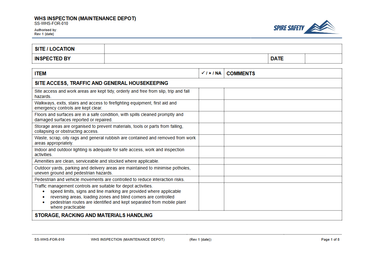 Free WHS Inspection (Maintenance Depot) Template — document preview