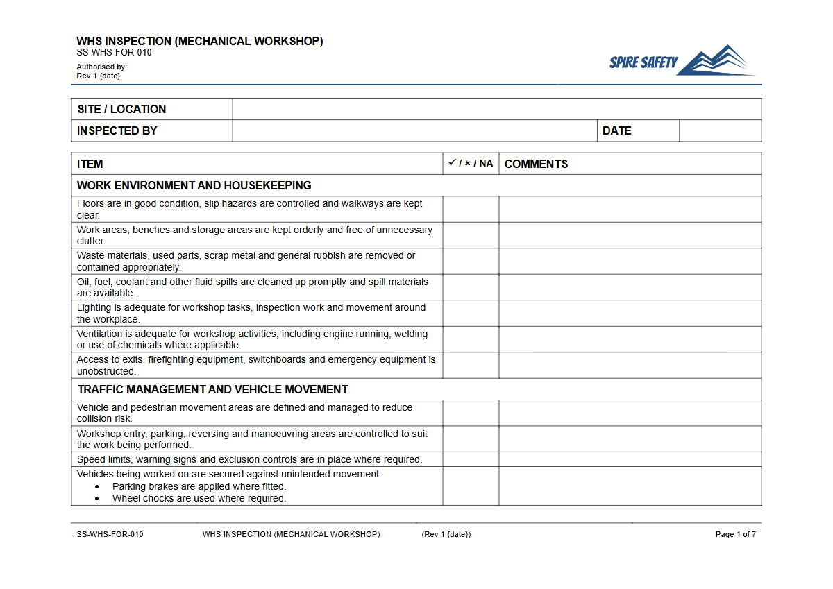 Free WHS Inspection (Mechanical Workshop) Template — document preview