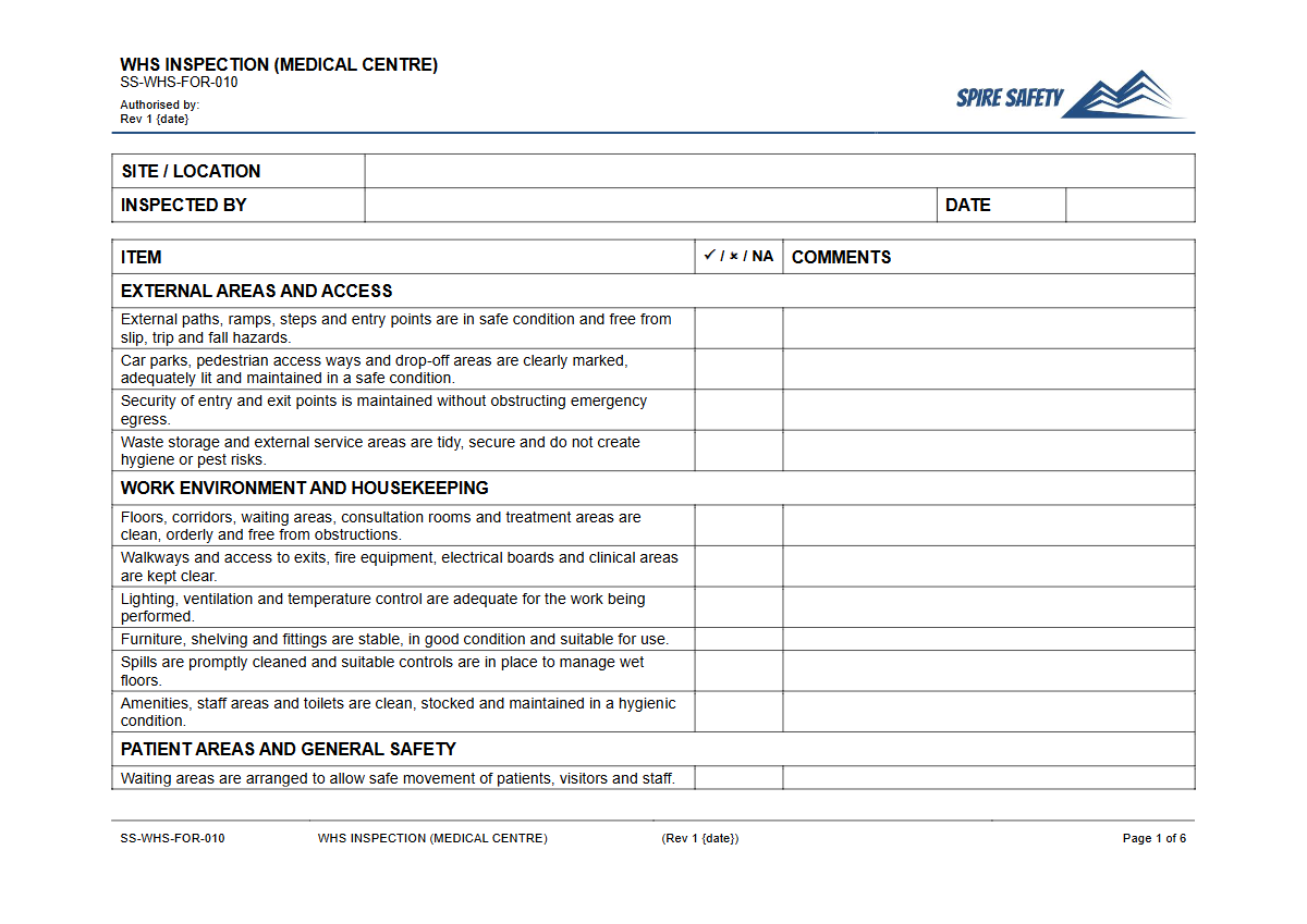 Free WHS Inspection (Medical Centre) Template — document preview