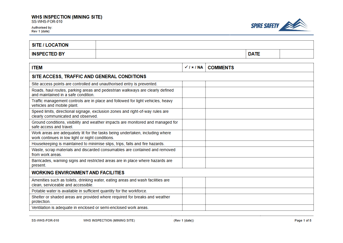 Free WHS Inspection (Mining Site) Template — document preview
