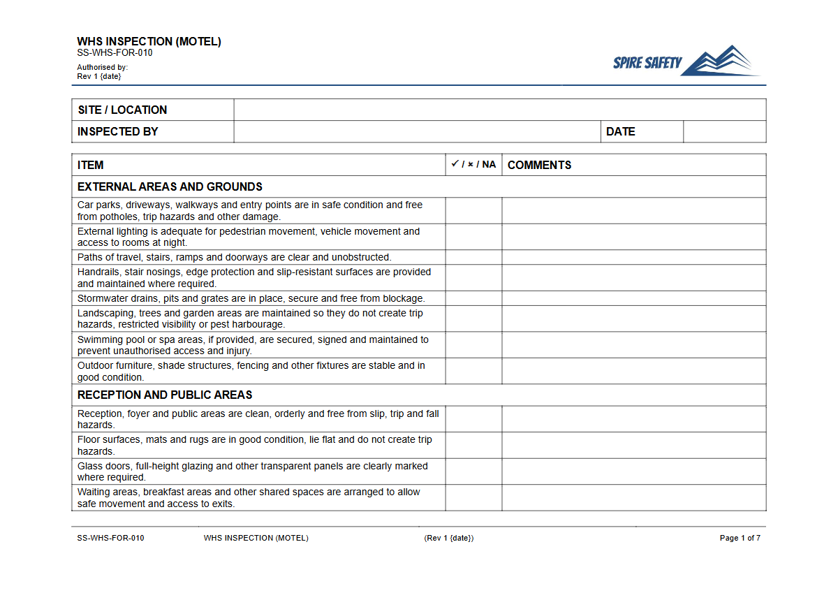 Free WHS Inspection (Motel) Template — document preview