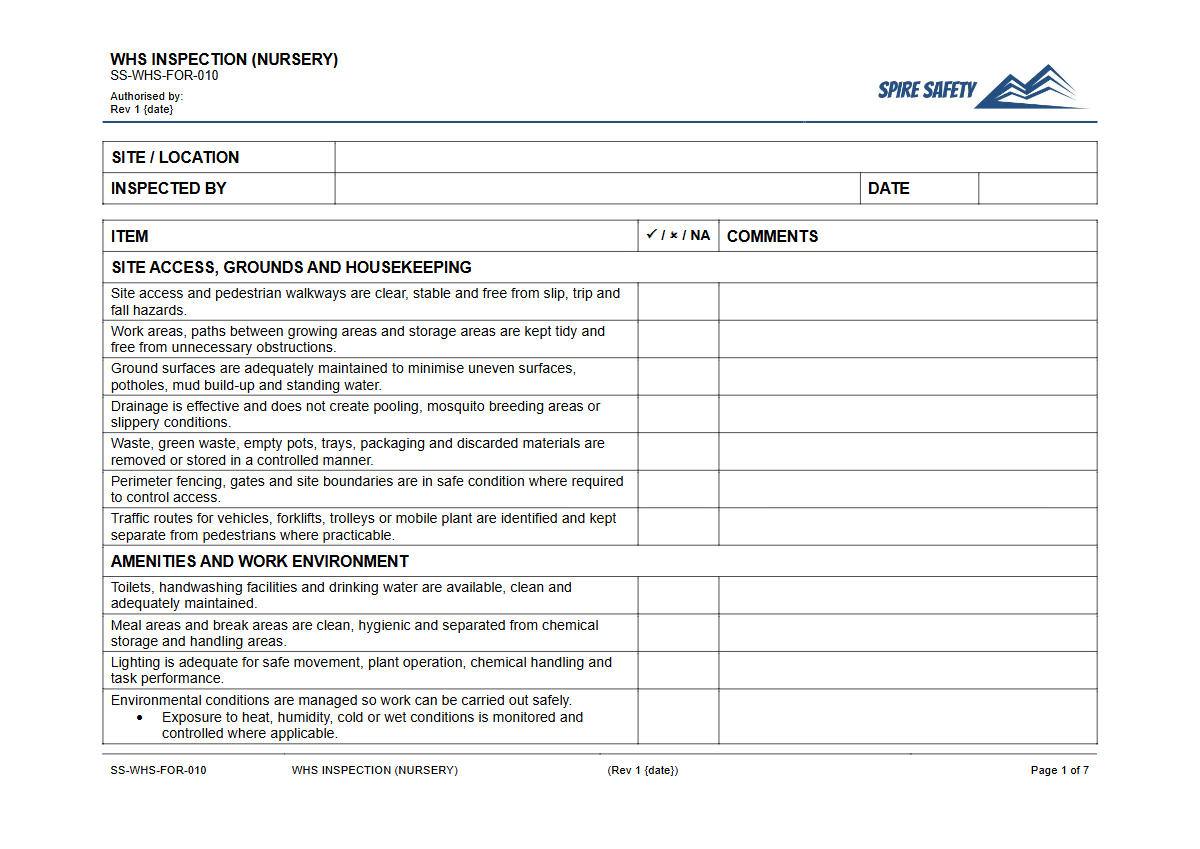 Free WHS Inspection (Nursery) Template — document preview
