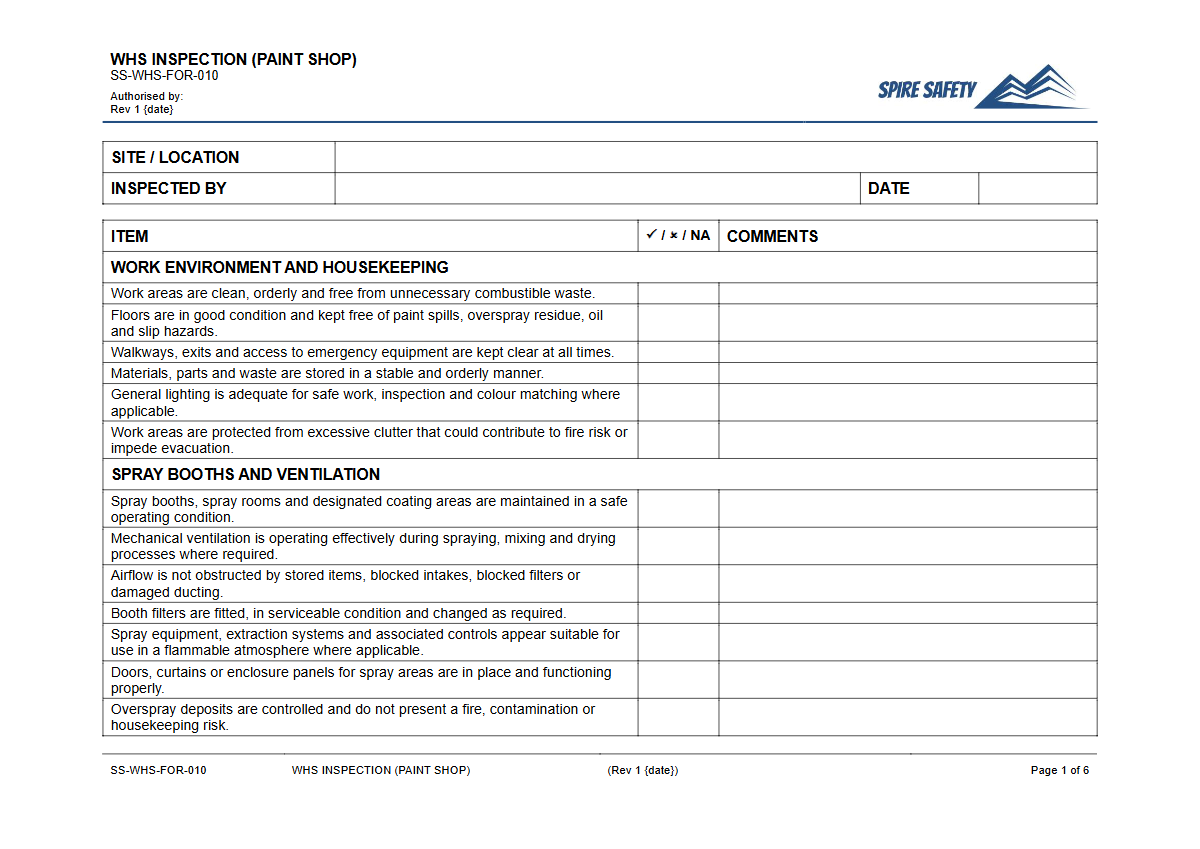 Free WHS Inspection (Paint Shop) Template — document preview