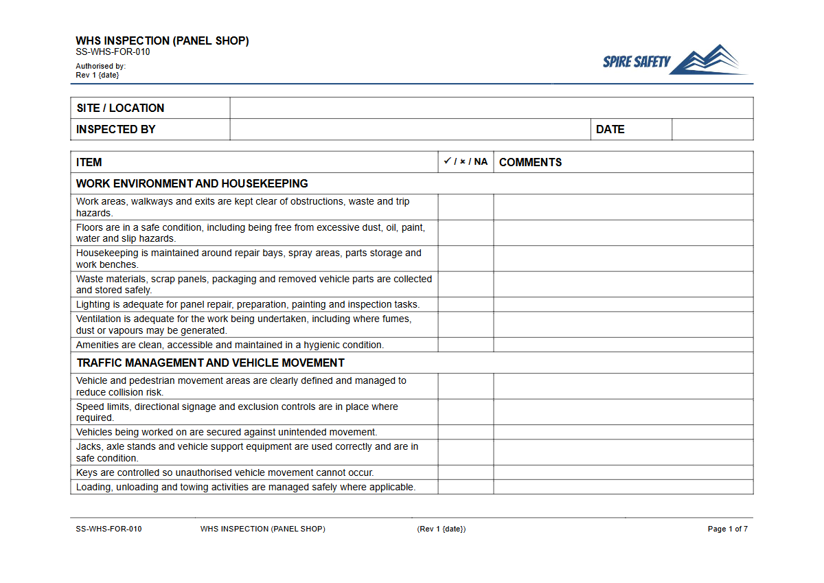 Free WHS Inspection (Panel Shop) Template — document preview
