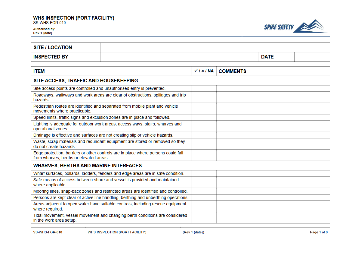Free WHS Inspection (Port Facility) Template — document preview