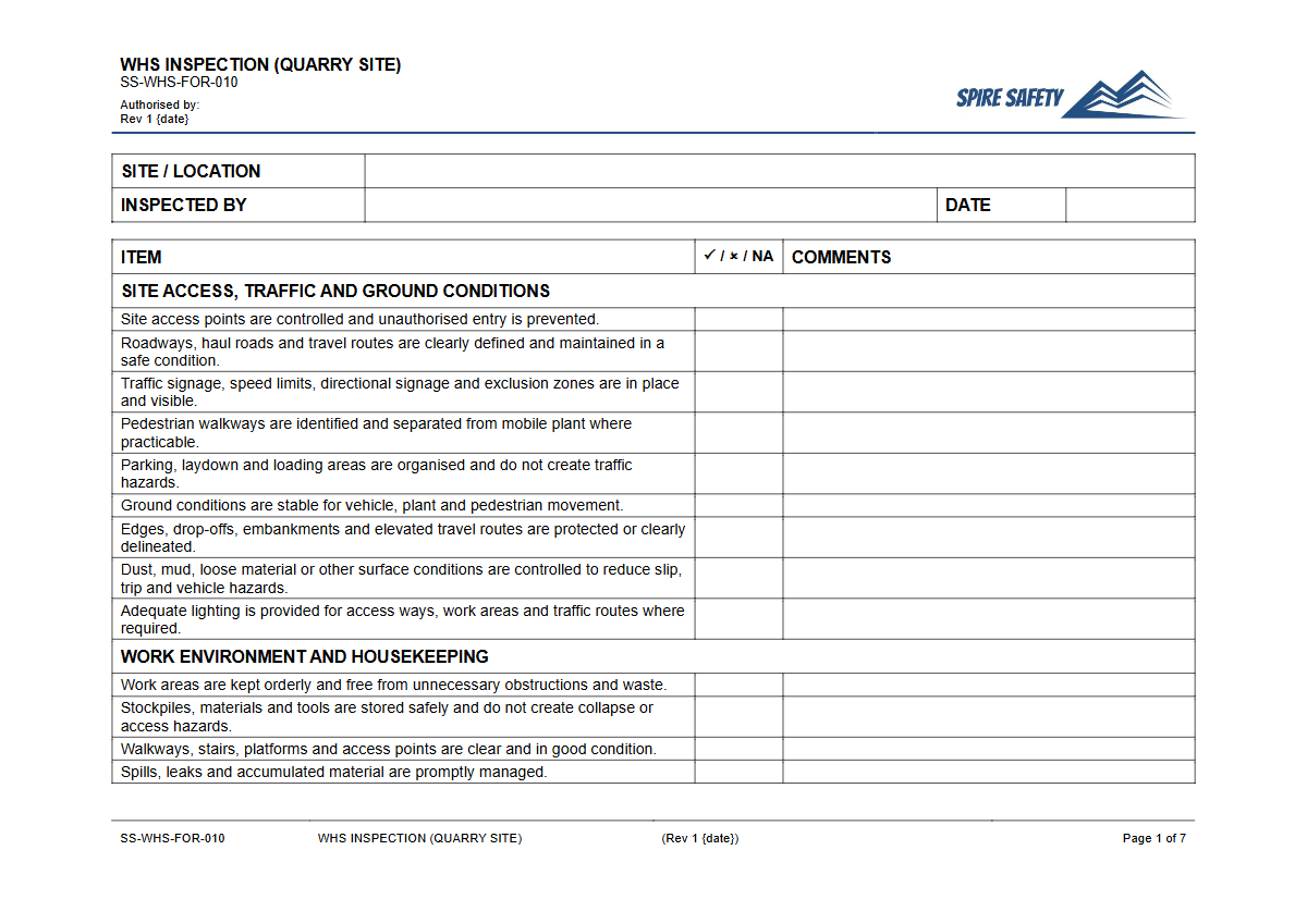Free WHS Inspection (Quarry Site) Template — document preview
