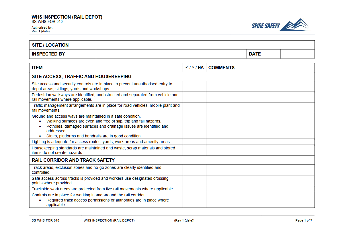 Free WHS Inspection (Rail Depot) Template — document preview