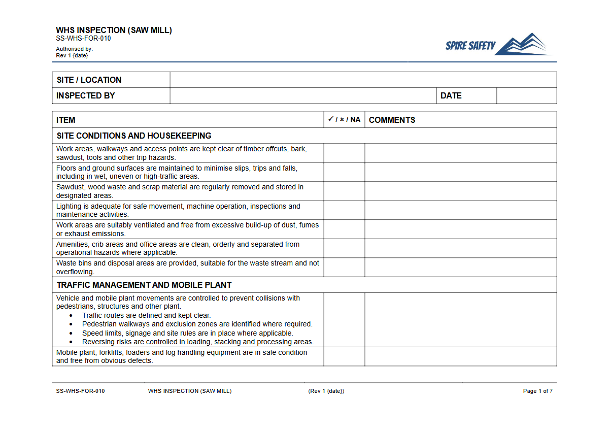 Free WHS Inspection (Saw Mill) Template — document preview