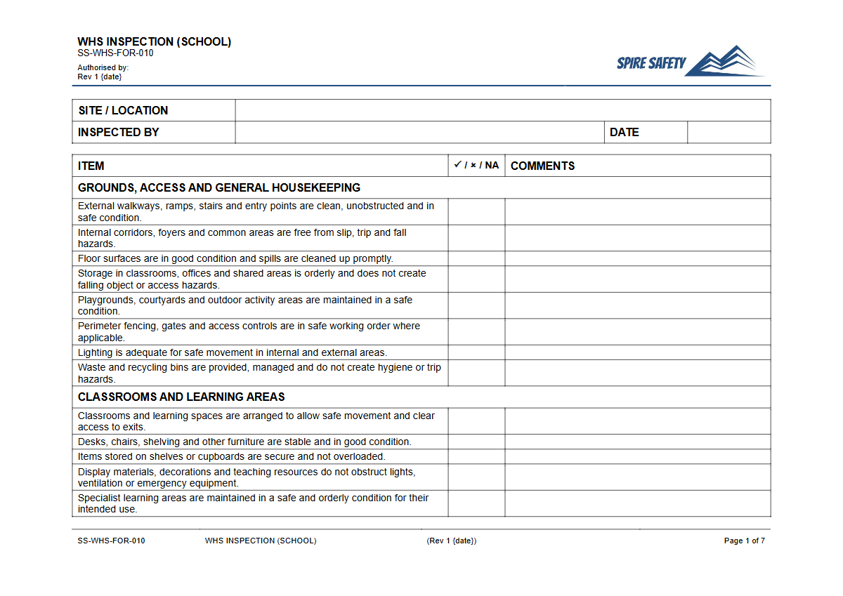 Free WHS Inspection (School) Template — document preview