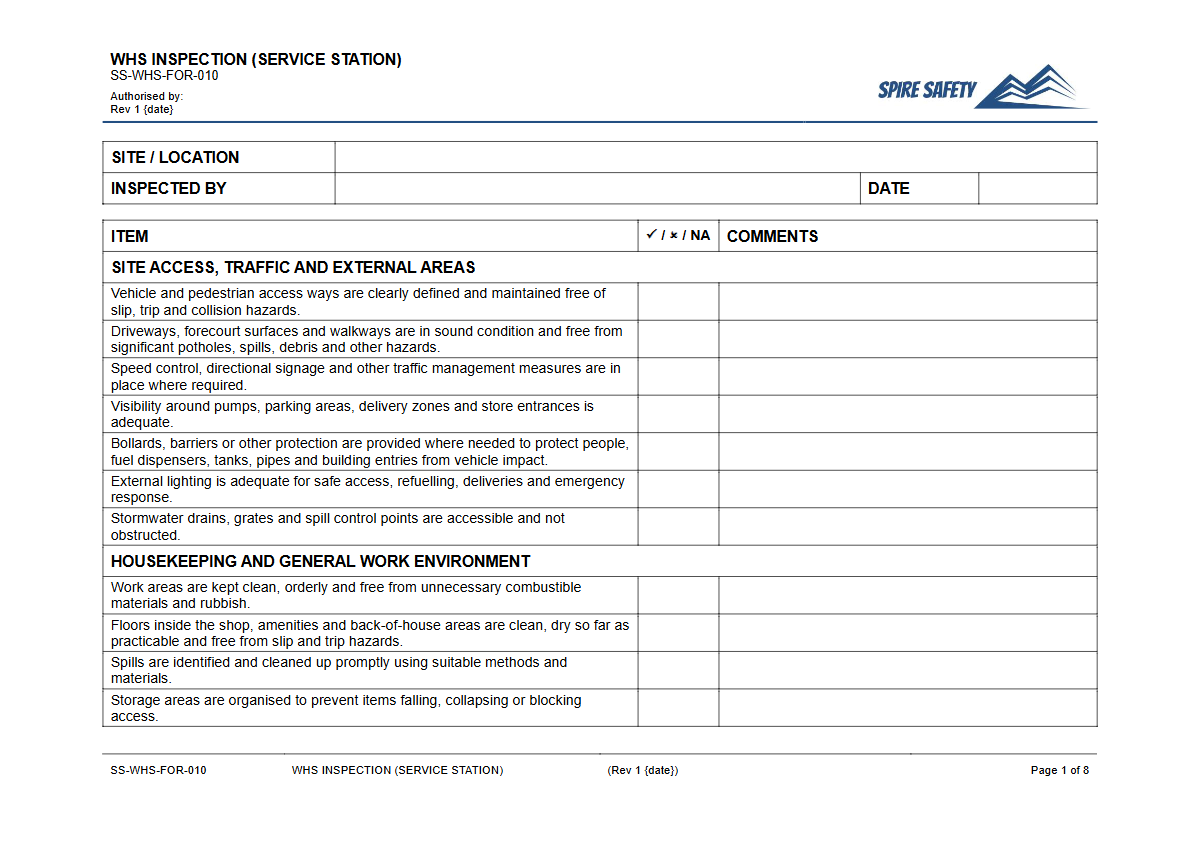 Free WHS Inspection (Service Station) Template — document preview