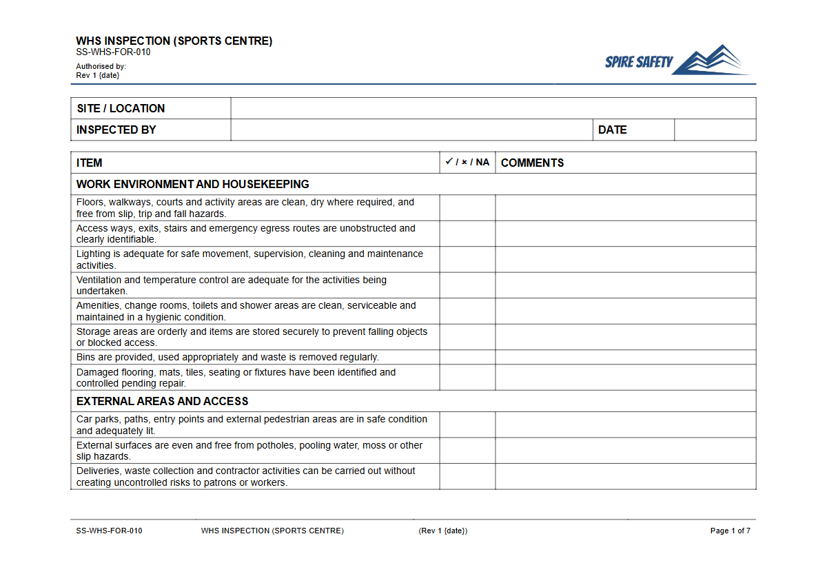 Free WHS Inspection (Sports Centre) Template — document preview