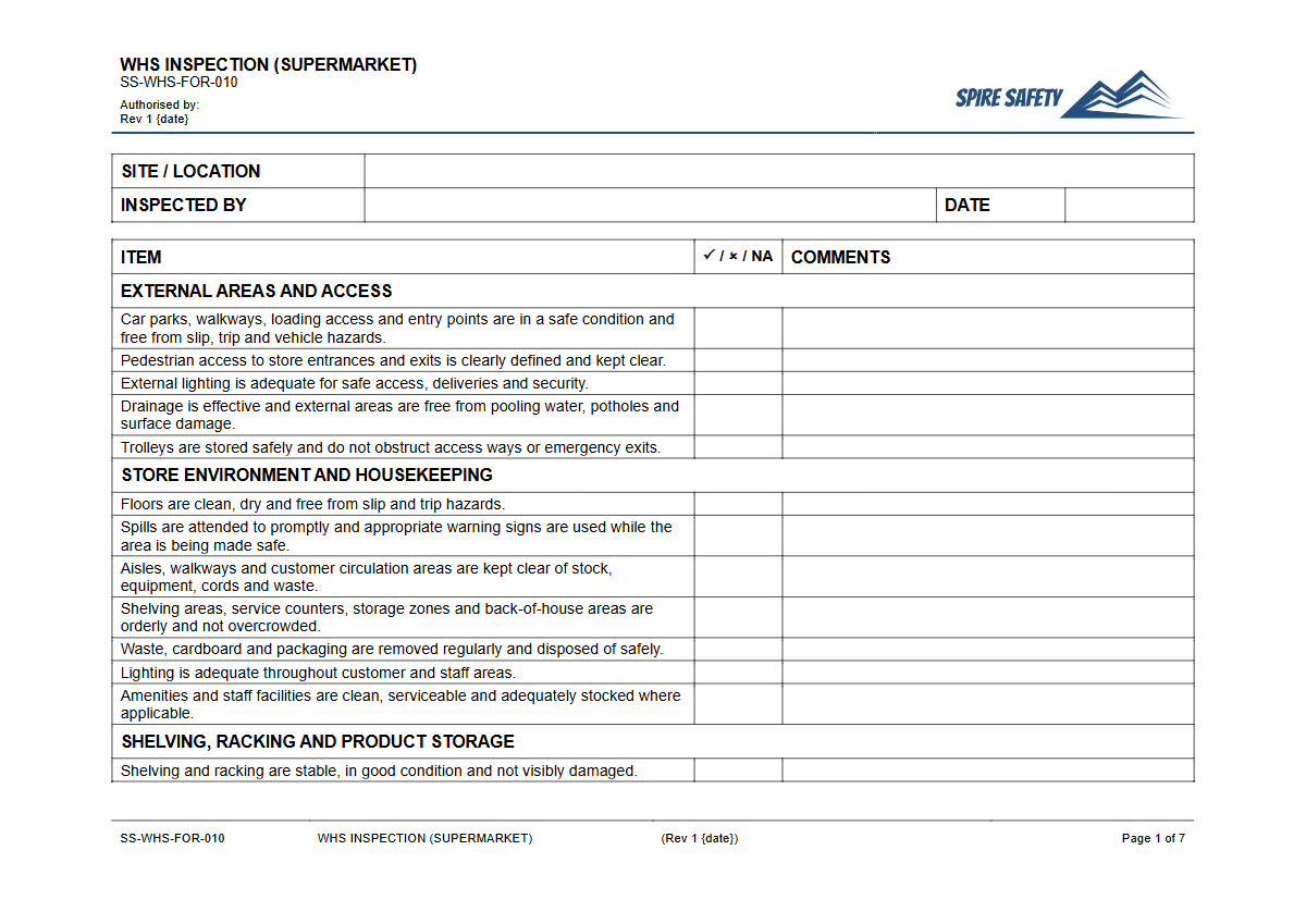 Free WHS Inspection (Supermarket) Template — document preview