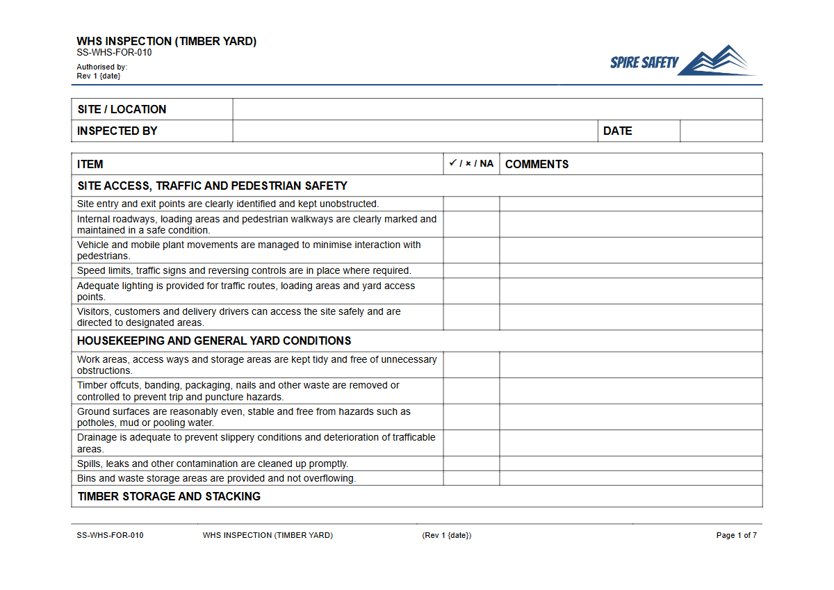 Free WHS Inspection (Timber Yard) Template — document preview