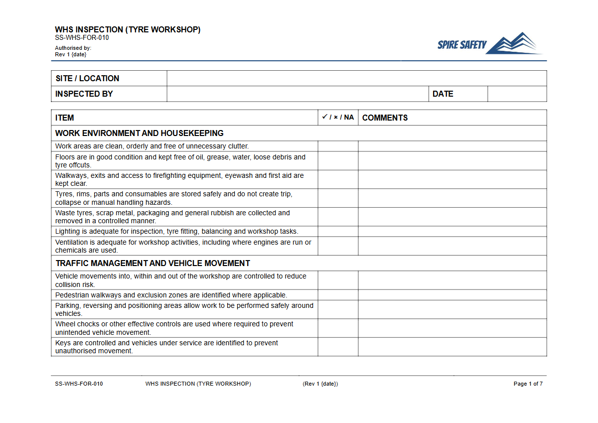 Free WHS Inspection (Tyre Workshop) Template — document preview