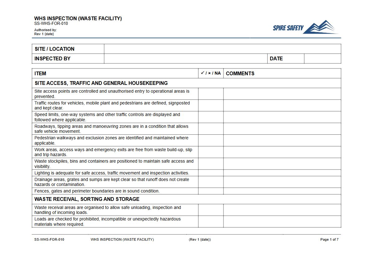 Free WHS Inspection (Waste Facility) Template — document preview