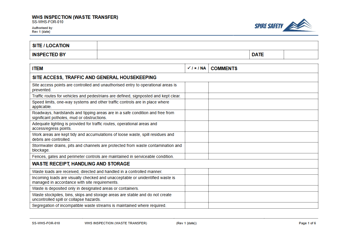 Free WHS Inspection (Waste Transfer) Template — document preview