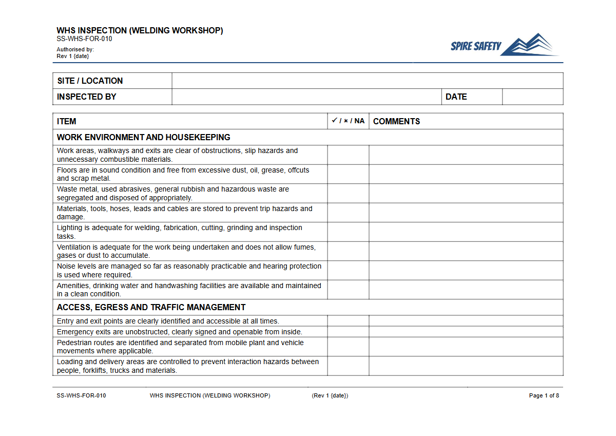 Free WHS Inspection (Welding Workshop) Template — document preview