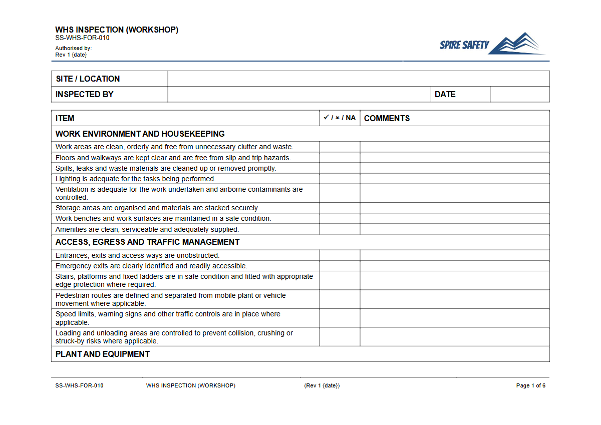 Free WHS Inspection (Workshop) Template — document preview