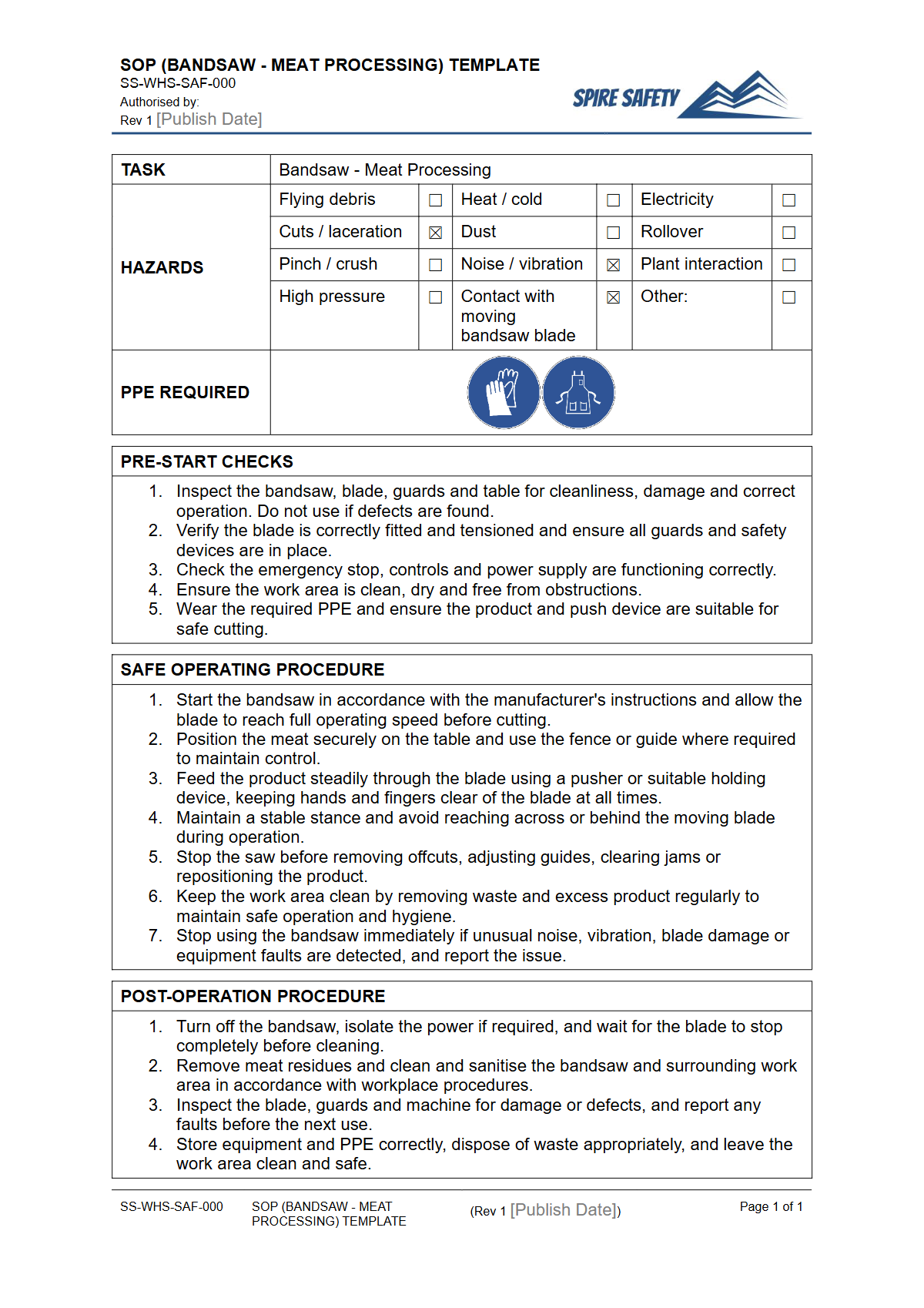 Free Safe Operating Procedure (Bandsaw - Meat Processing) Template — document preview