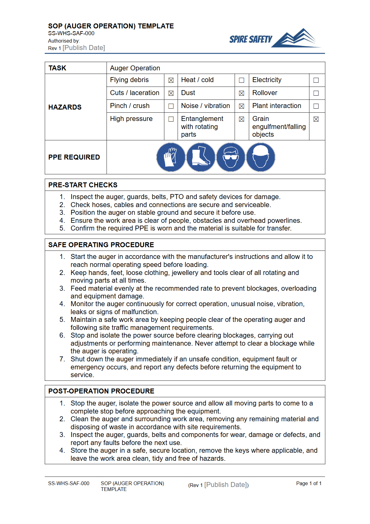 Free Safe Operating Procedure (Auger Operation) Template — document preview