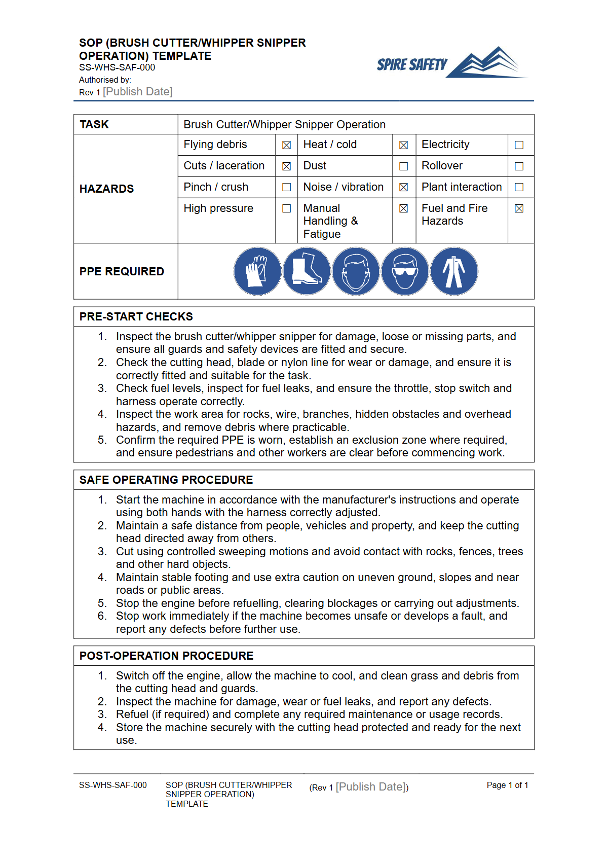 Free Safe Operating Procedure (Brush Cutter Whipper Snipper Operation) Template — document preview