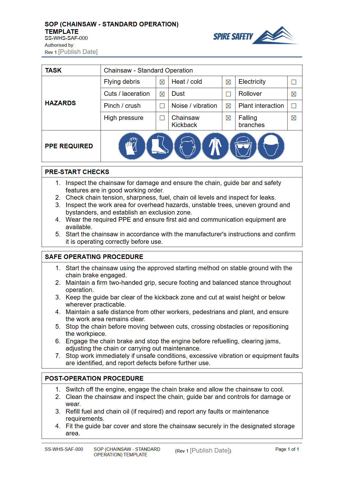 Free Safe Operating Procedure (Chainsaw - Standard Operation) Template — document preview