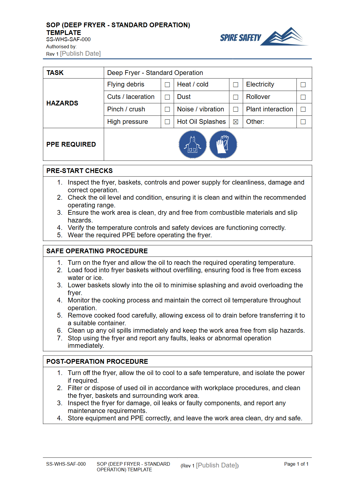 Free Safe Operating Procedure (Deep Fryer - Standard Operation) Template — document preview