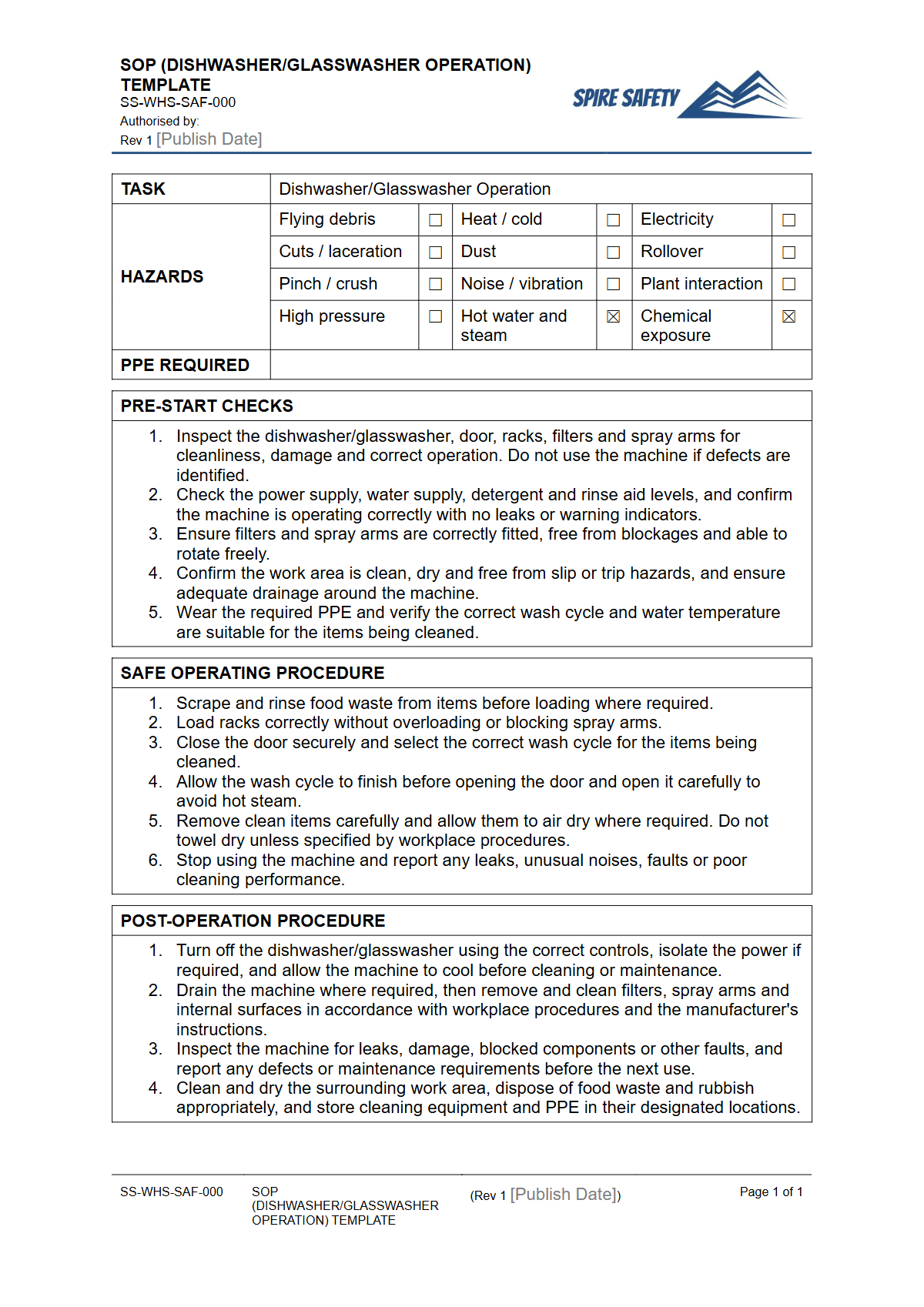 Free Safe Operating Procedure (Dishwasher Glasswasher Operation) Template — document preview