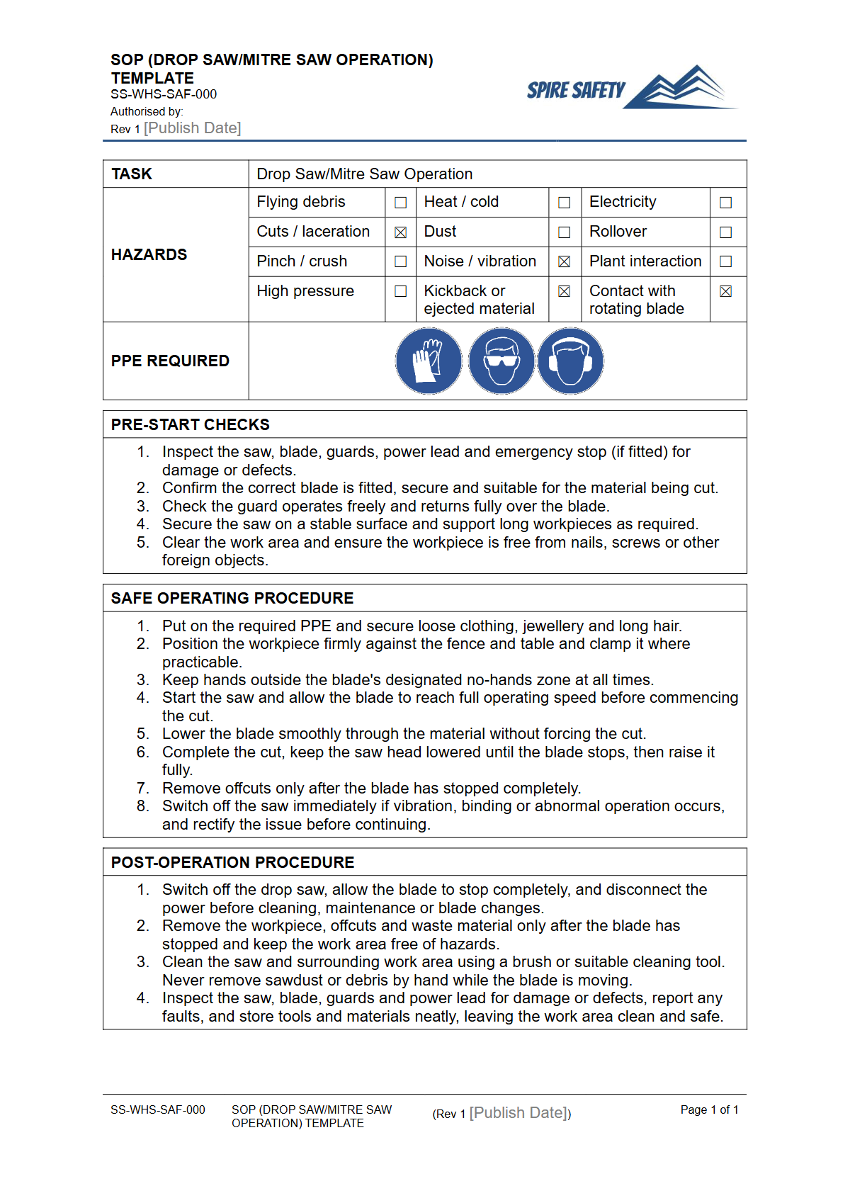 Free Safe Operating Procedure (Drop Saw Mitre Saw Operation) Template — document preview