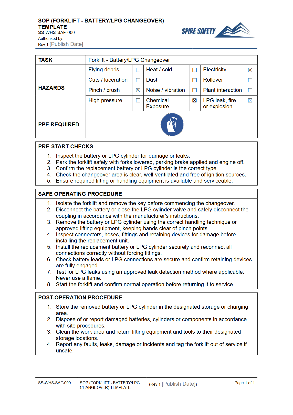 Free Safe Operating Procedure (Forklift - Battery LPG Changeover) Template — document preview