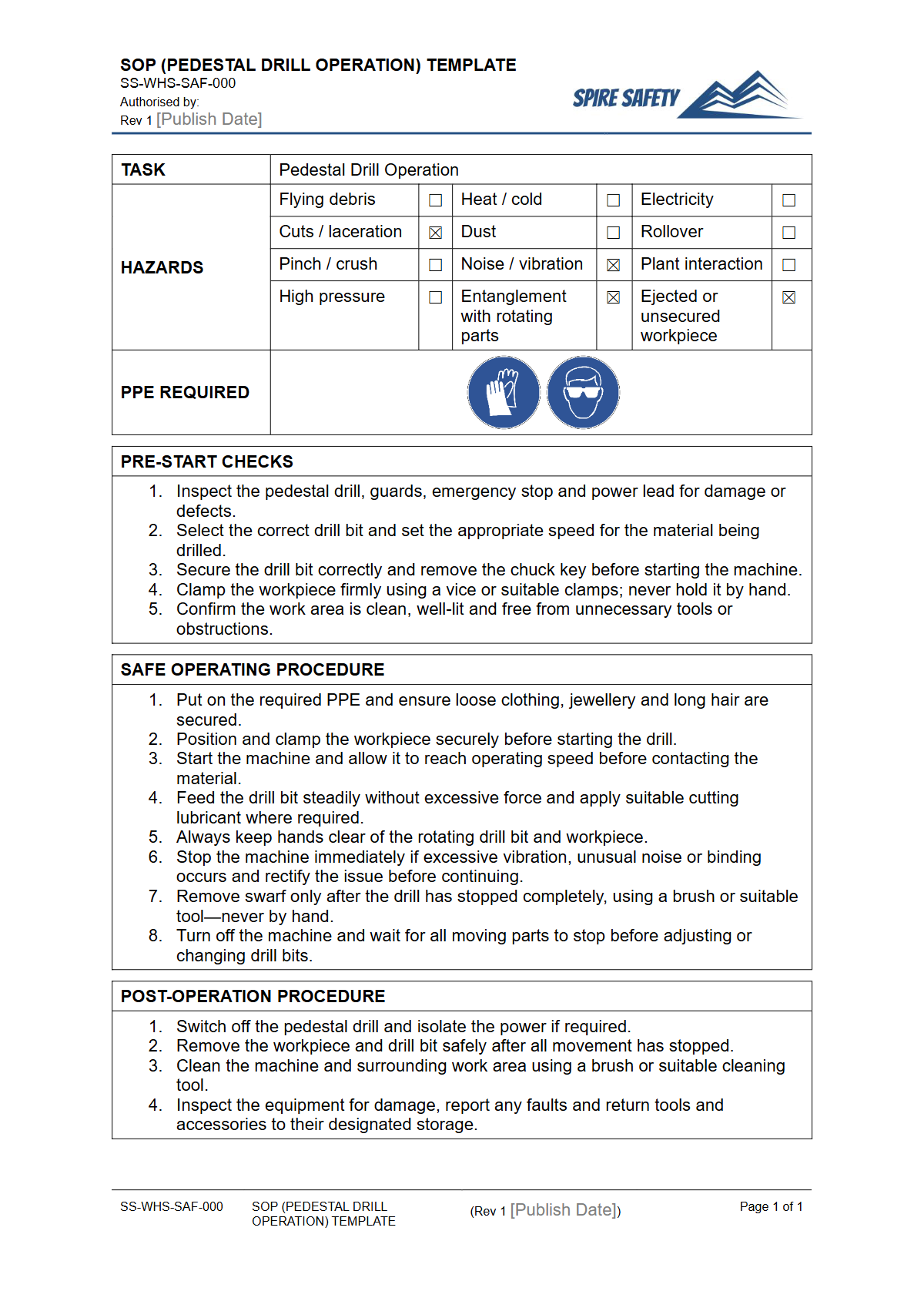 Free Safe Operating Procedure (Pedestal Drill Operation) Template — document preview