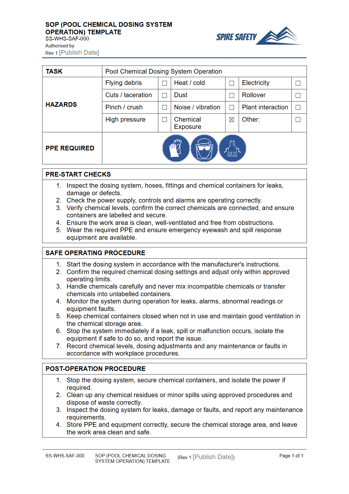 Free Safe Operating Procedure (Pool Chemical Dosing System Operation) Template — document preview