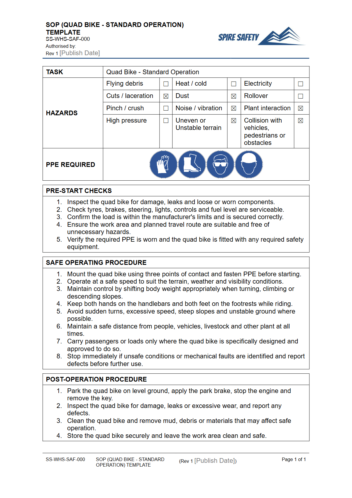 Free Safe Operating Procedure (Quad Bike - Standard Operation) Template — document preview