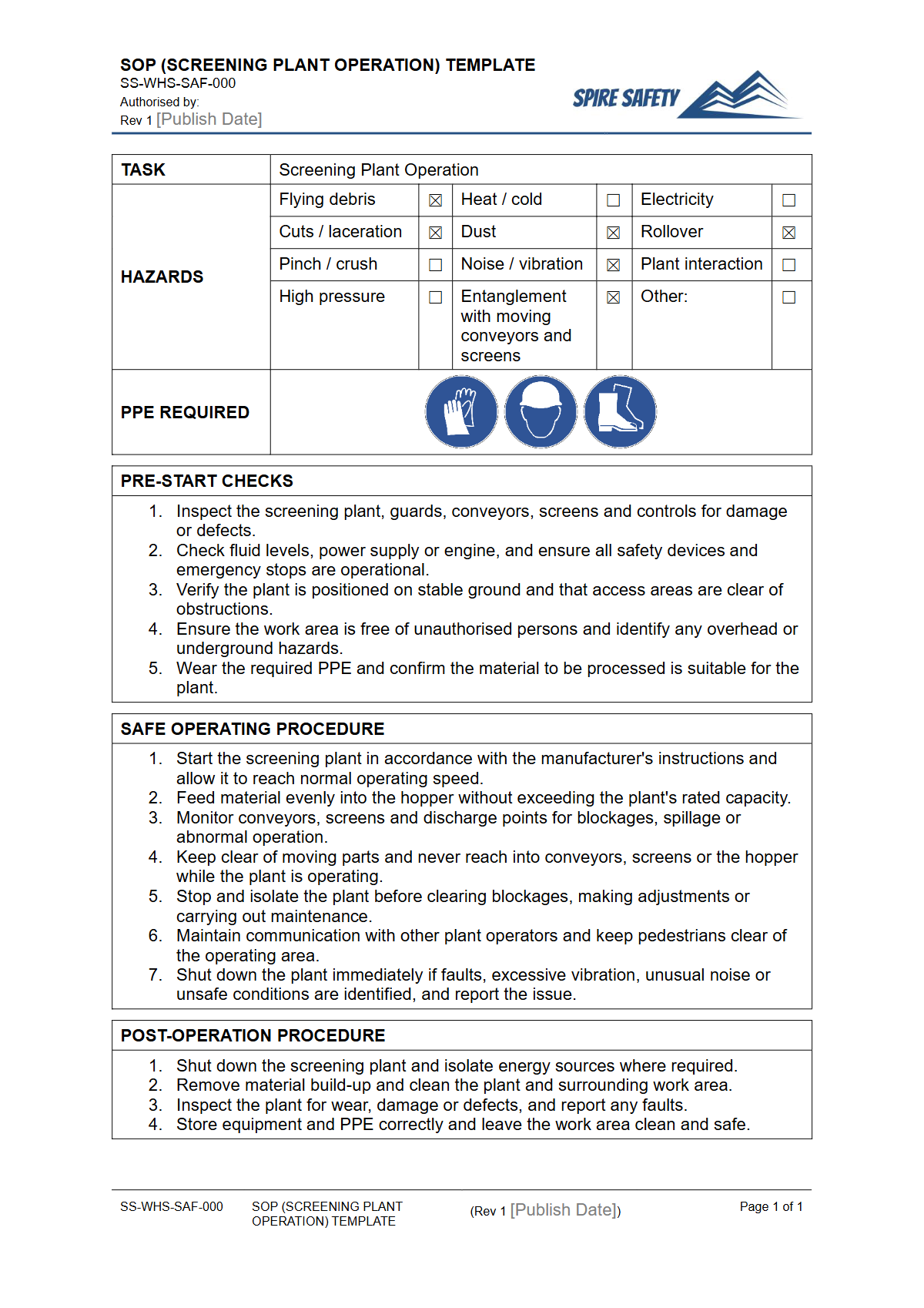 Free Safe Operating Procedure (Screening Plant Operation) Template — document preview