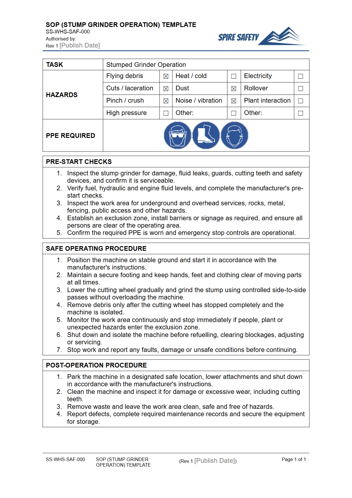 Free Safe Operating Procedure (Stump Grinder Operation) Template — document preview