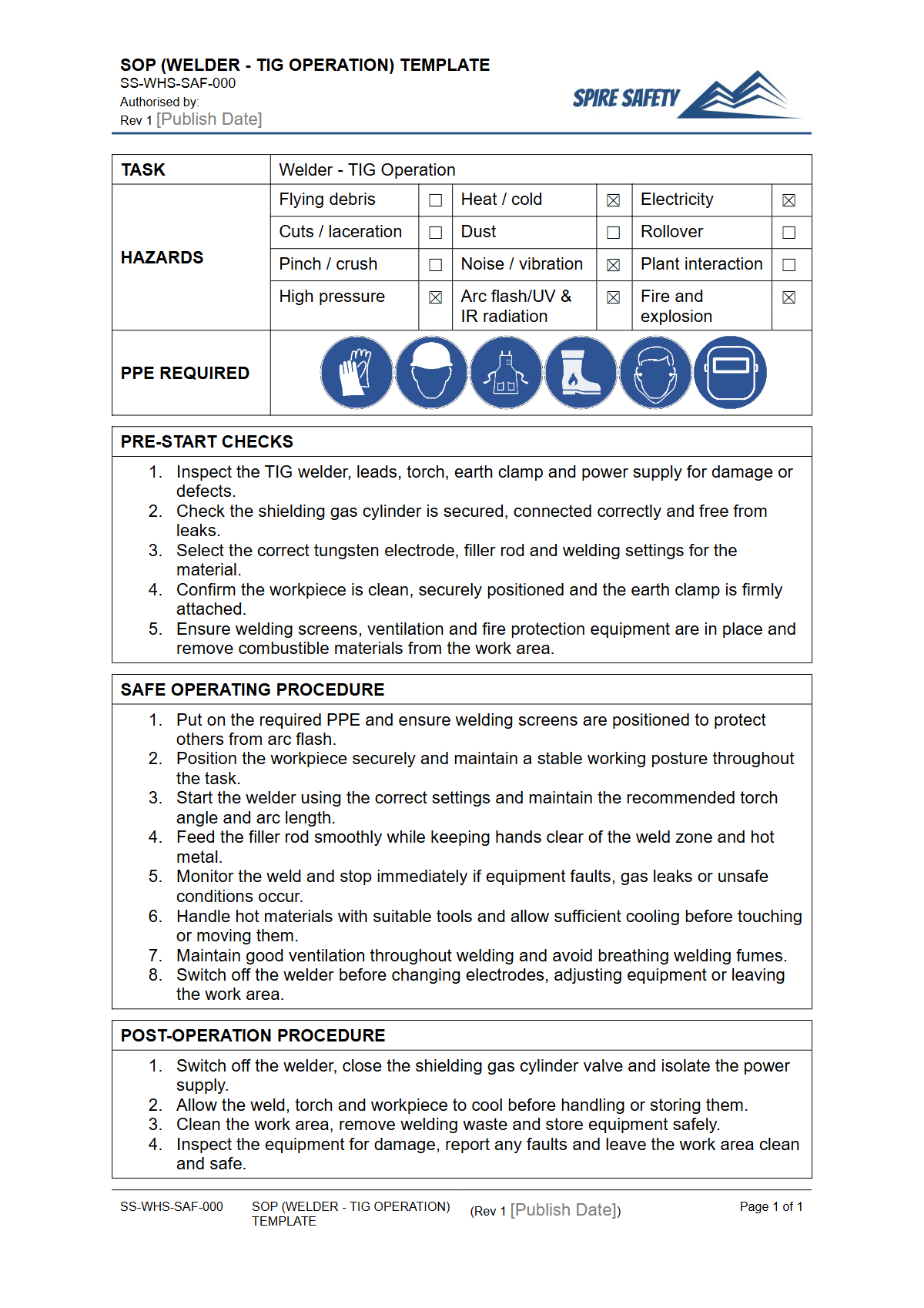 Free Safe Operating Procedure (Welder - TIG Operation) Template — document preview