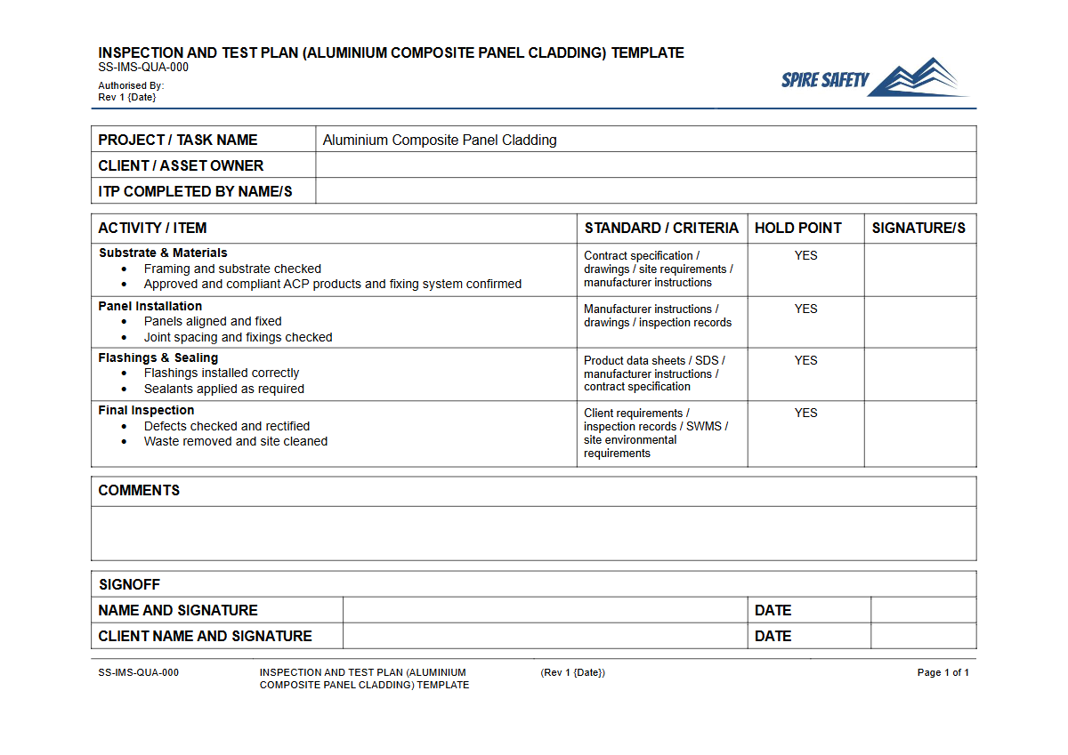 Free Inspection & Test Plan (Aluminium Composite Panel Cladding) Template — document preview