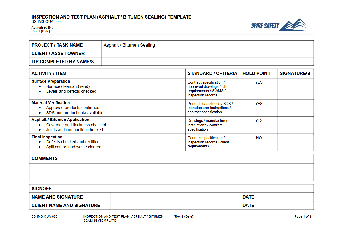 Free Inspection & Test Plan (Asphalt Bitumen Sealing) Template — document preview