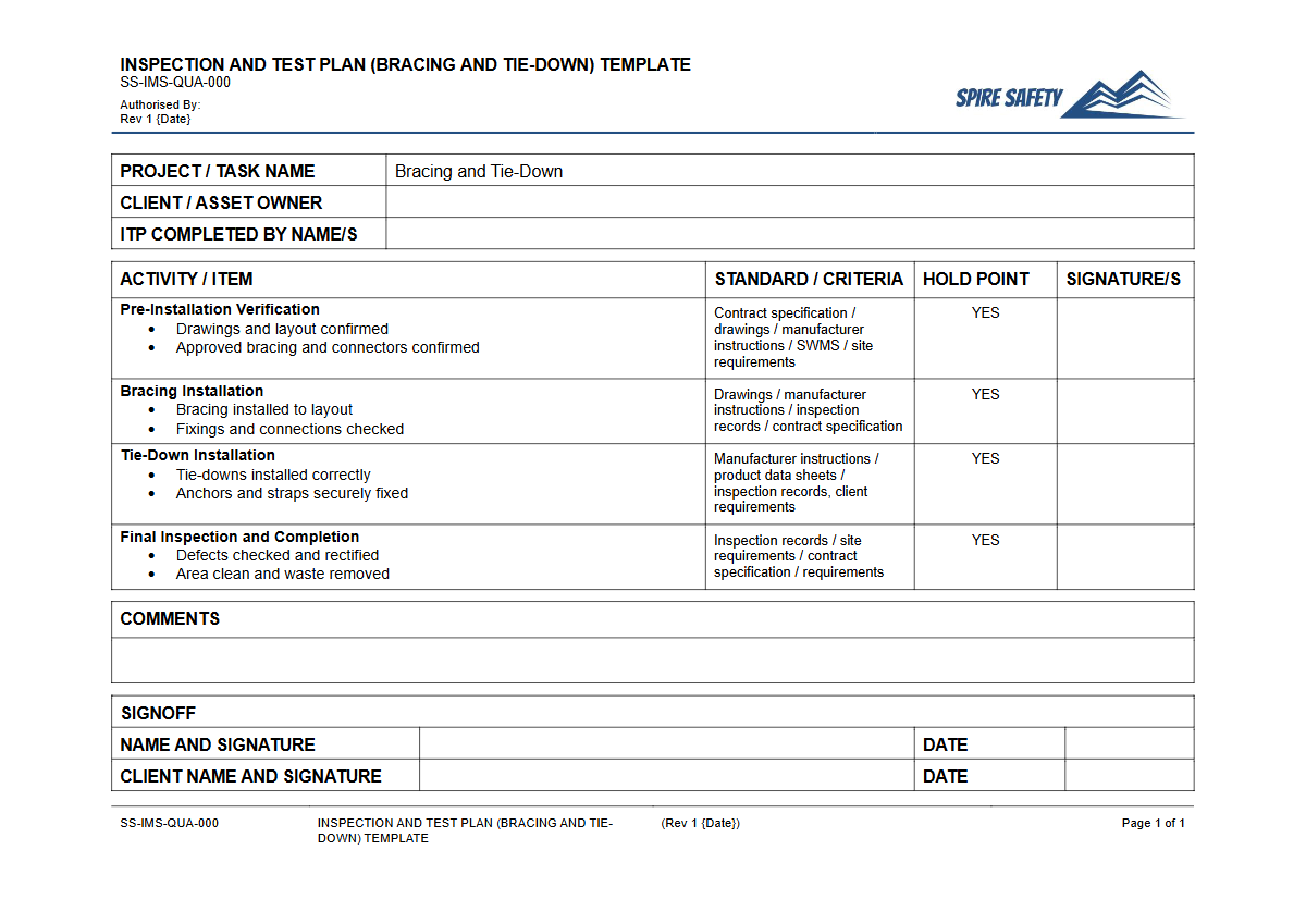Free Inspection & Test Plan (Bracing and Tie-Down) Template — document preview