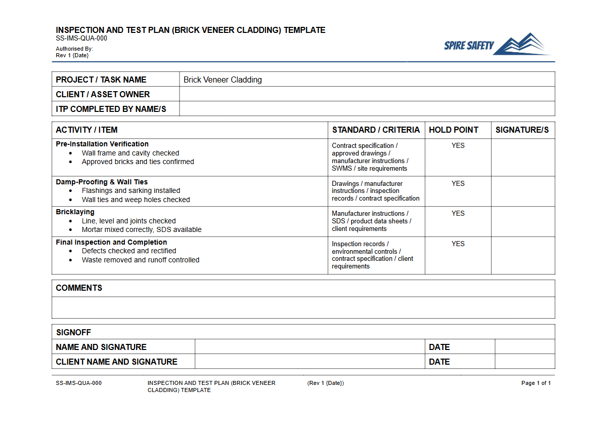 Free Inspection & Test Plan (Brick Veneer Cladding) Template — document preview