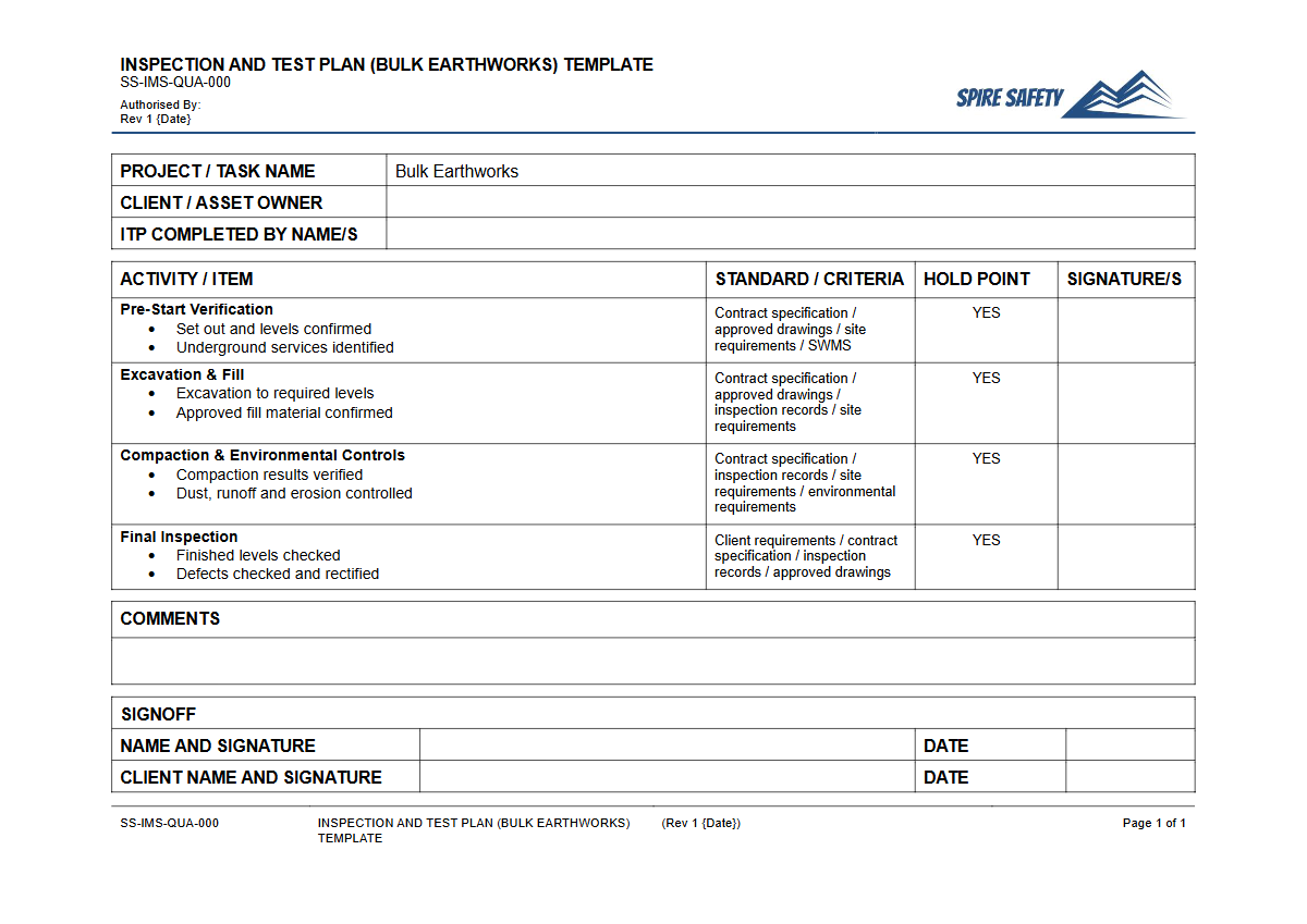 Free Inspection & Test Plan (Bulk Earthworks) Template — document preview