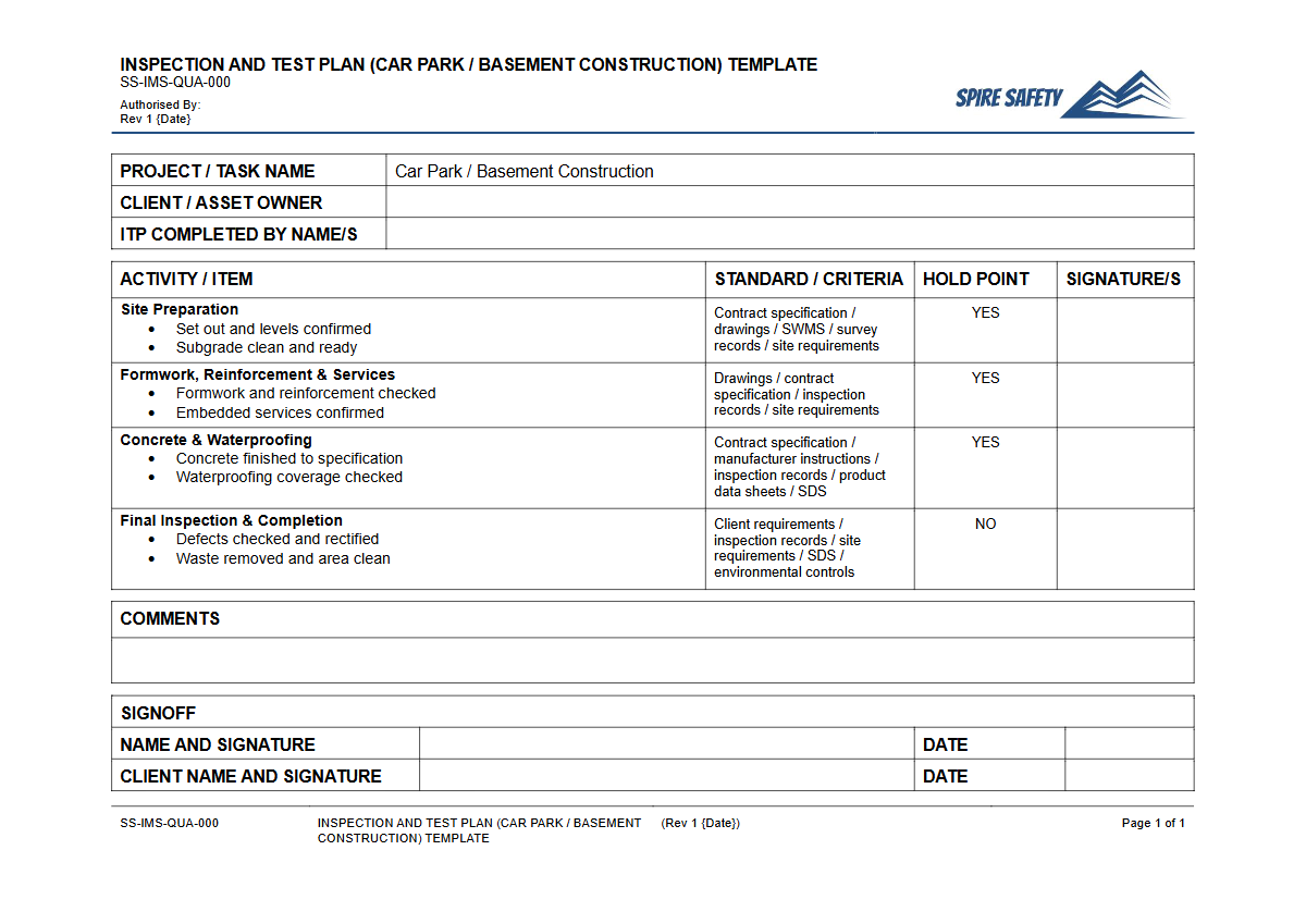 Free Inspection & Test Plan (Car Park Basement Construction) Template — document preview