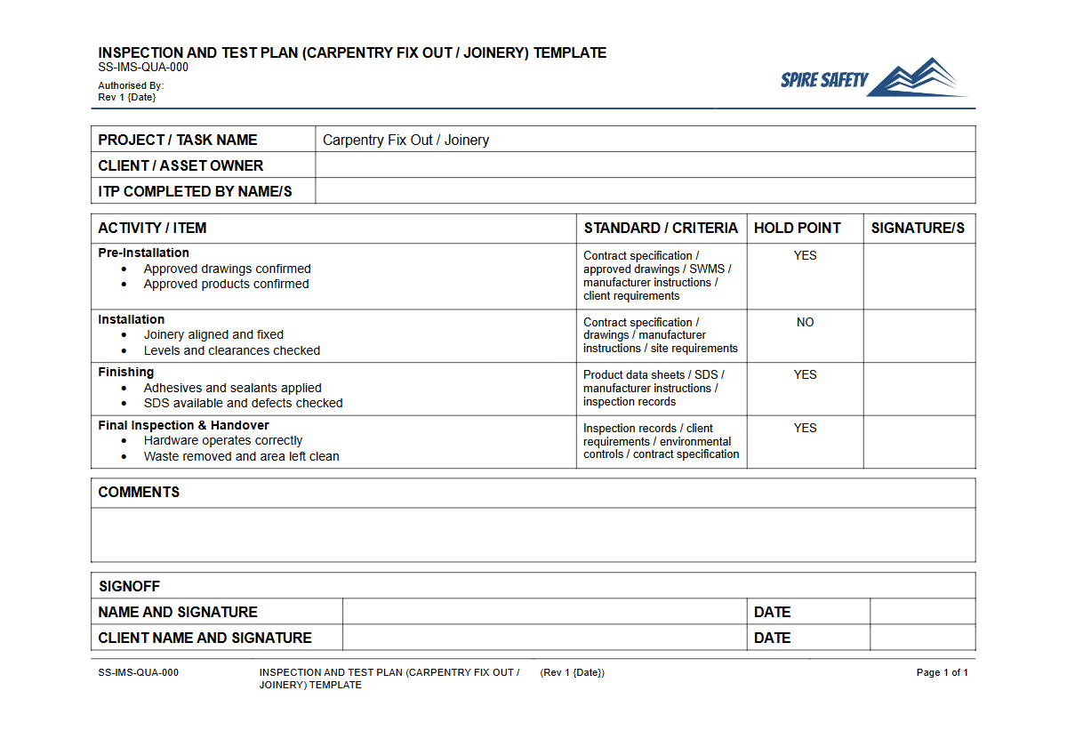 Free Inspection & Test Plan (Carpentry Fix Out Joinery) Template — document preview
